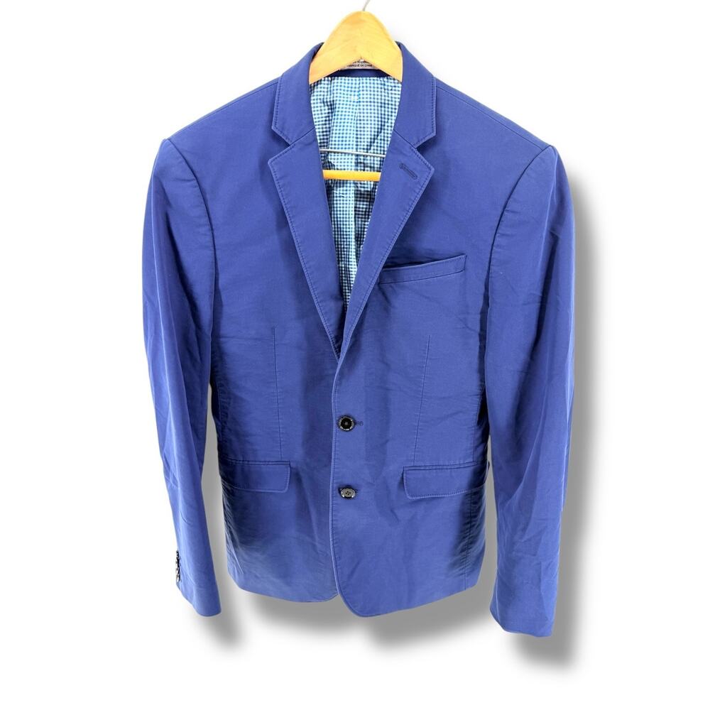 Express Photographer Blazer 36R Fitted Navy Blue Sport Coat Stretch Gingham Line